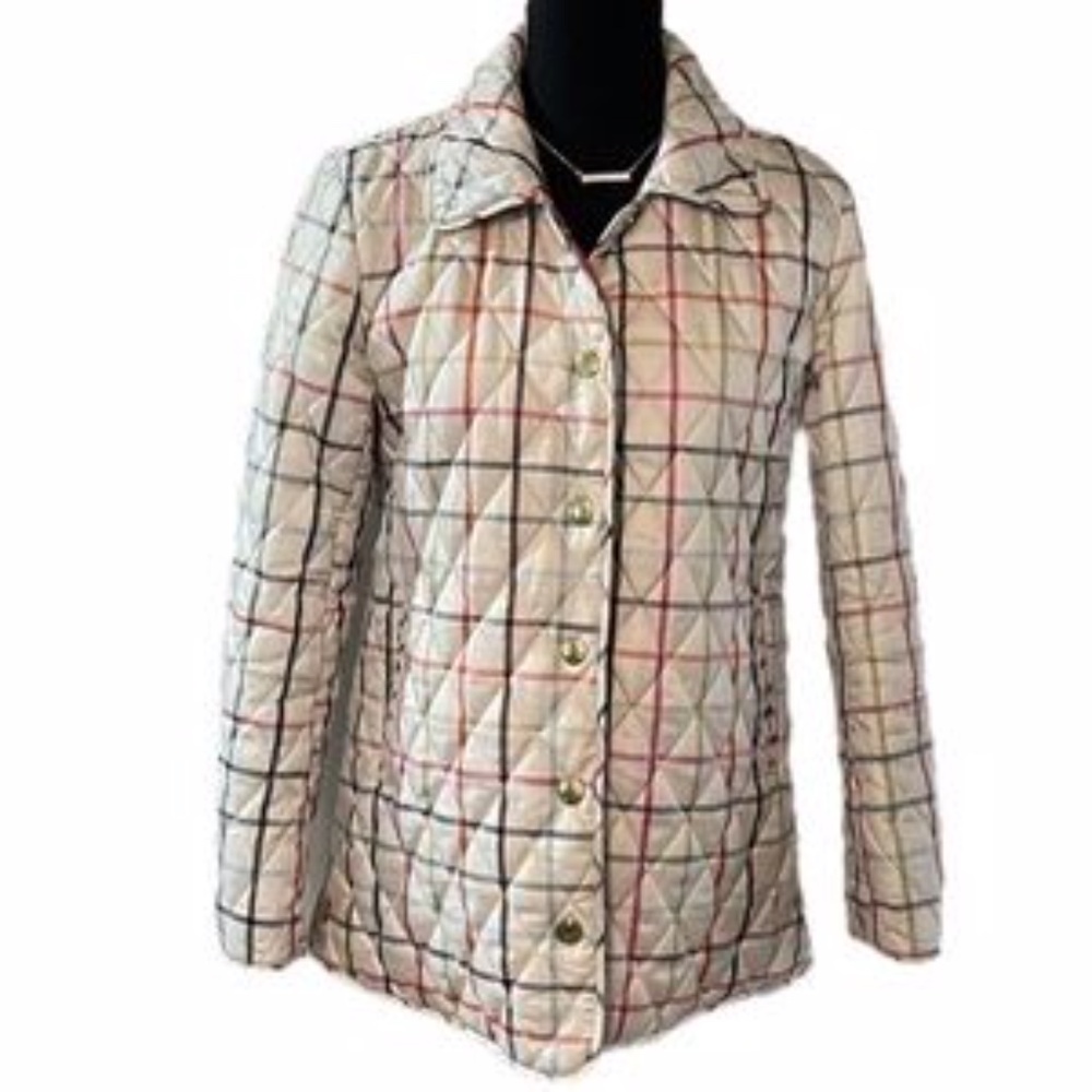 Coach Quilted Tattersall Jacket in cream/multi plaid (NWT)